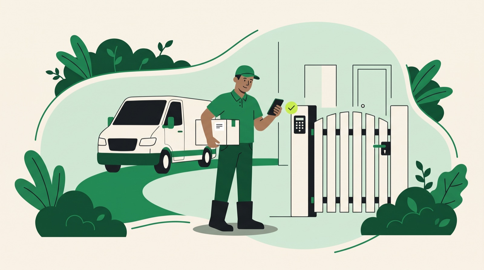 A delivery driver with a parcel checks his phone beside a keypad-locked gate, his van parked behind him