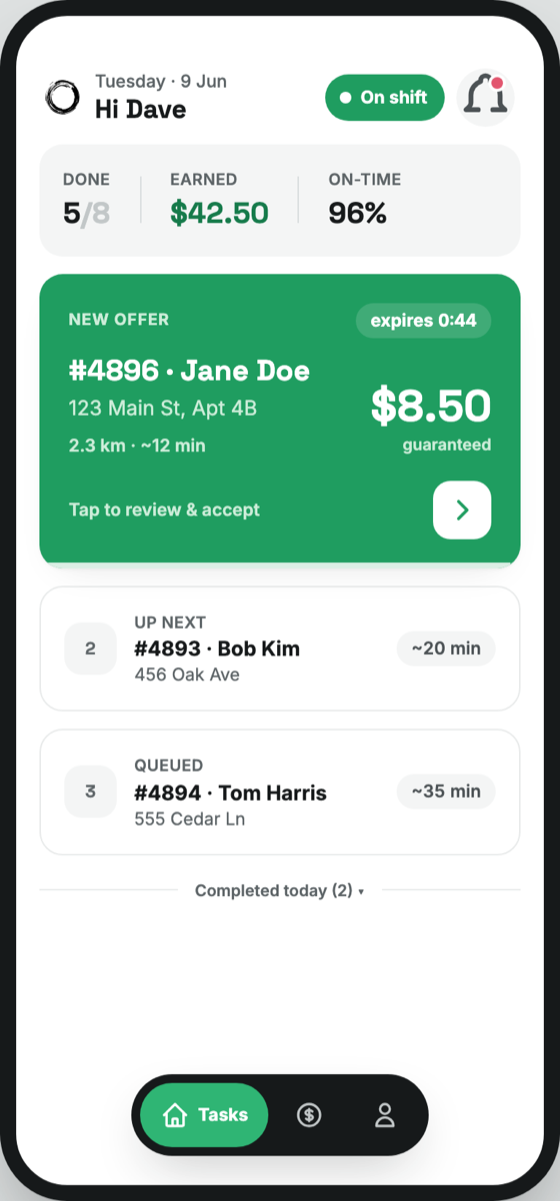 OkPilot field app showing next job, pay, and queued stops